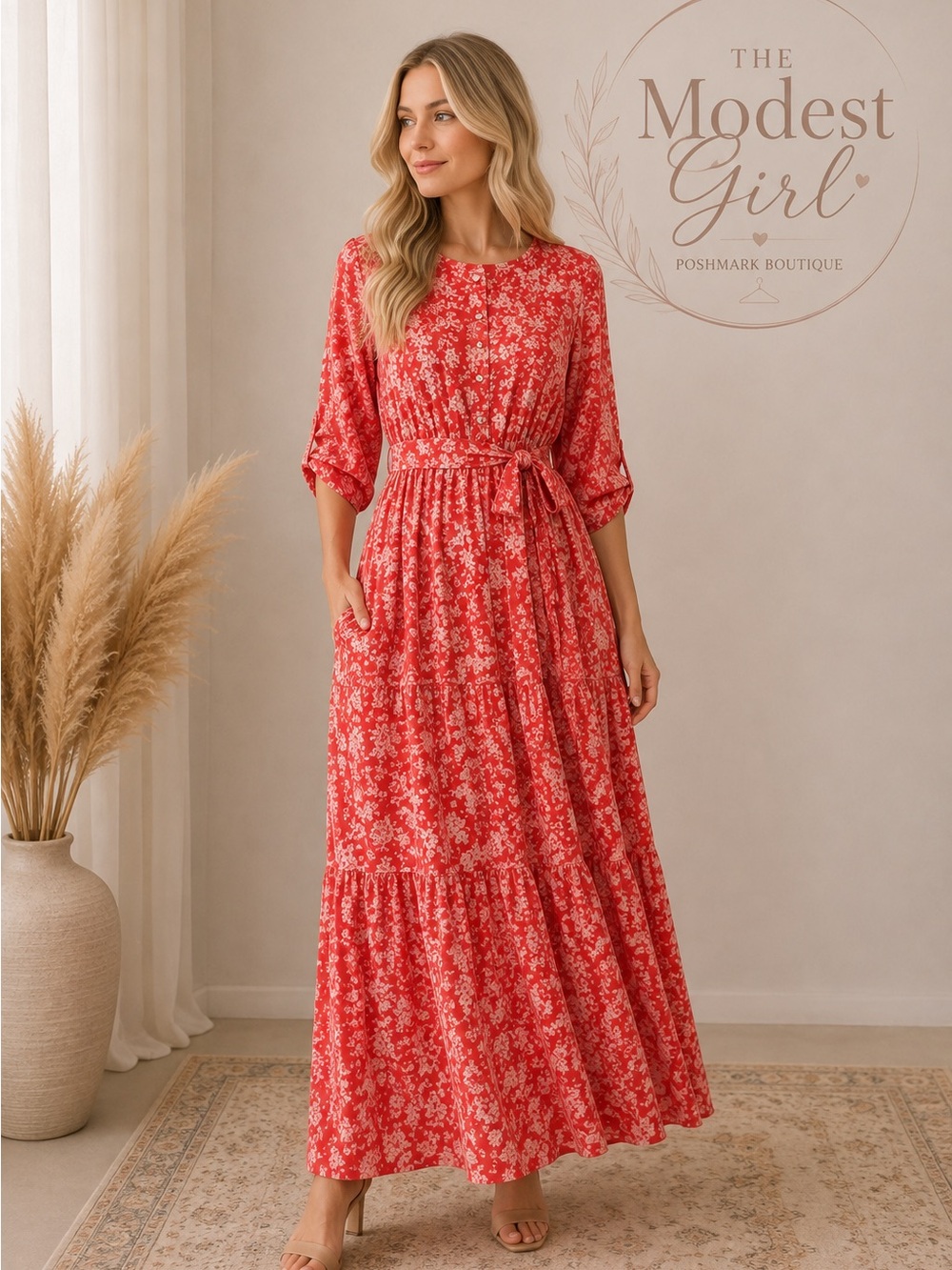 Pink Floral Tiered Maxi Dress with Tie Waist -